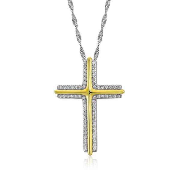 Sterling Silver White & Gold Cross on 18in Singapore Chain - image 