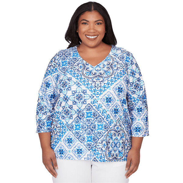 Plus Size Alfred Dunner Mykonos 3/4 Sleeve Medallion Blouse - image 