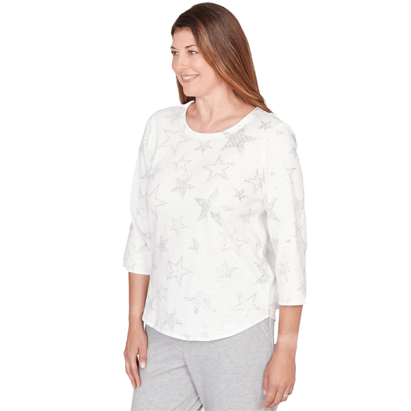 Womens Alfred Dunner Comfort & Joy 3/4 Sleeve Round Neck Star Tee