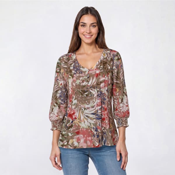 Plus Size Cocomo 3/4 Sleeve Floral Basket Weave Pleated Blouse - image 