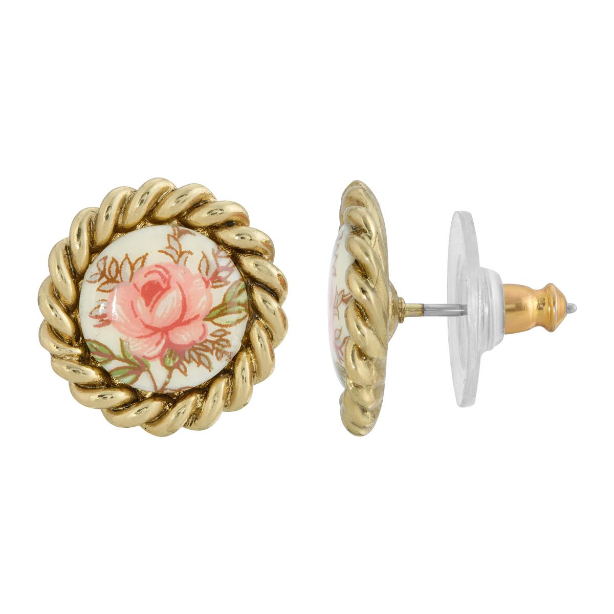 1928 Pink Desert Rose with Green Leaves Earrings