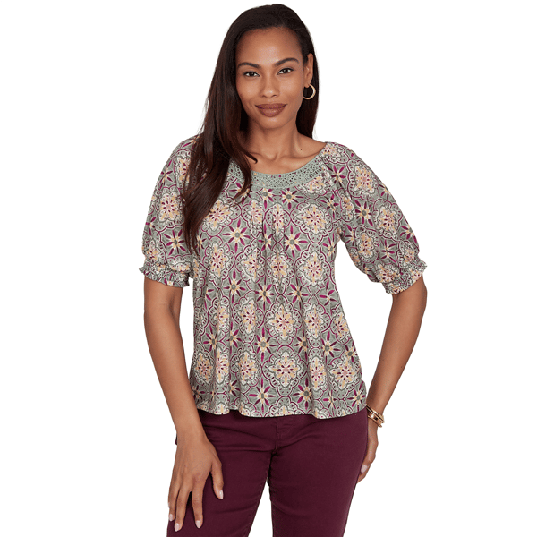 Petite Ruby Rd. Sedona Escape Desert Geo Lace Trim Blouse - image 