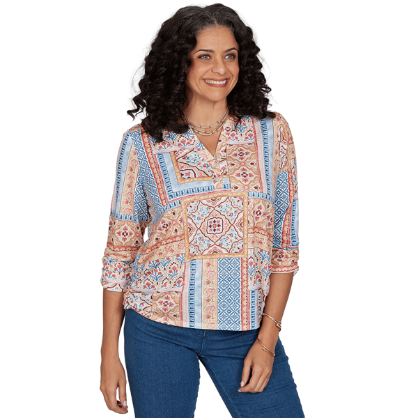 Womens Alfred Dunner Tuscany 3/4 Sleeve Patchwork Henley Blouse