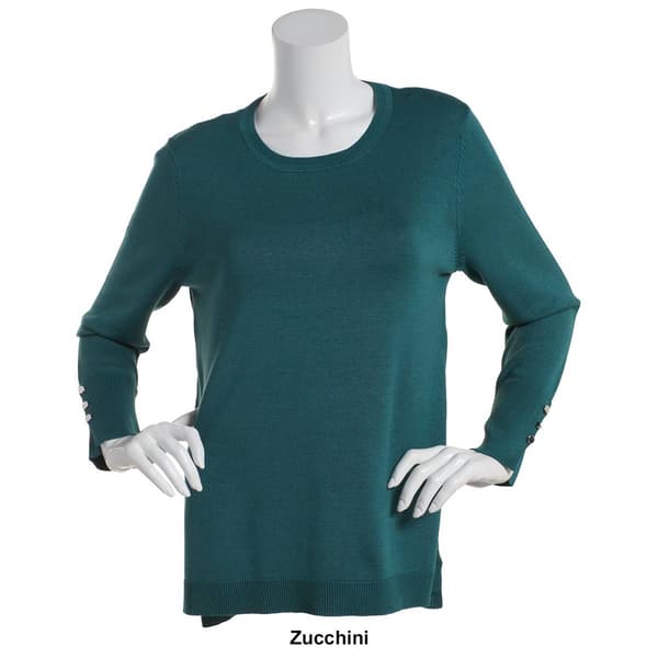 Plus Size Retrology Crew Neck Button Sleeve Side Slit Sweater