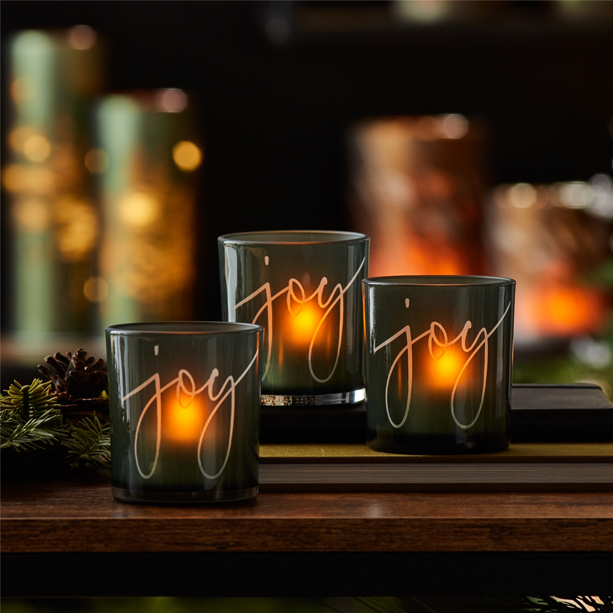 Melrose Green Glass Joy Candle Holder - Set of 3