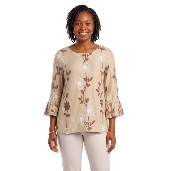 Womens Notations 3/4 Ruffle Sleeve Floral Embroidery Blouse - image 