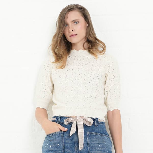 Womens MNK Short Sleeve Pointelle Stitch Scallop Sweater - image 