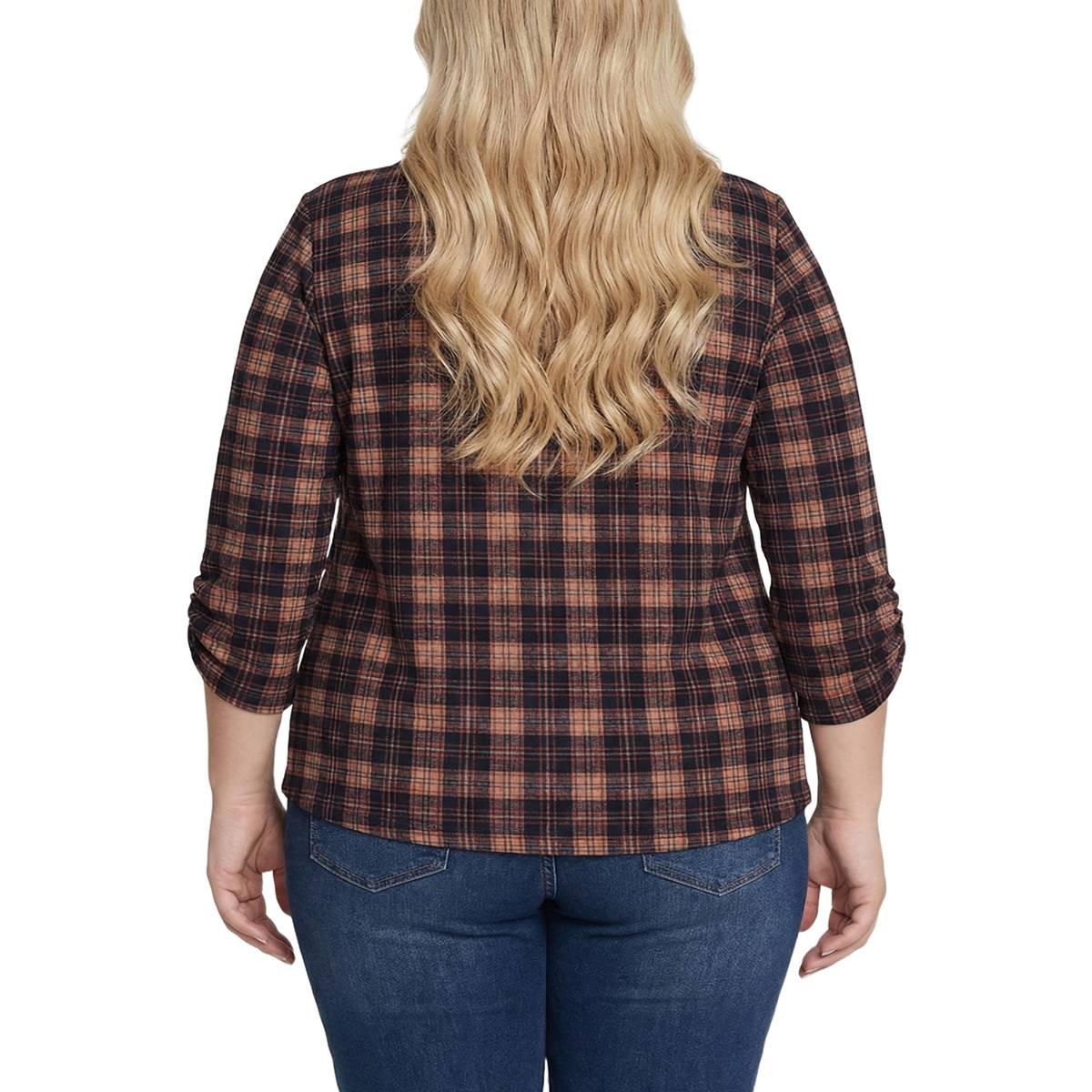 Plus Size NY Collection 3/4 Ruch Sleeve Plaid Blouse