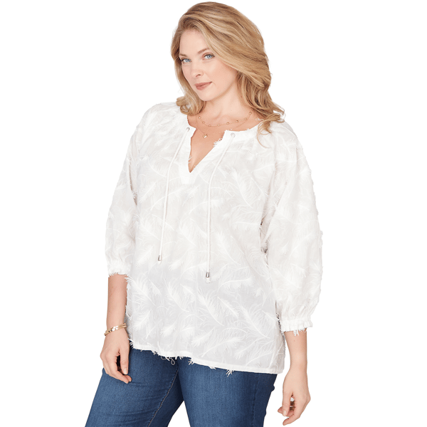 Plus Size Skye’s the Limit Fresh Start Feather Embroidery Blouse
