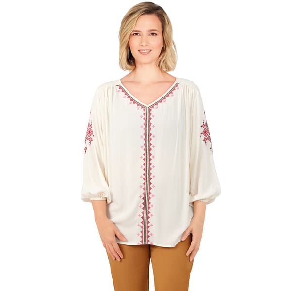 Plus Size Ruby Rd. Santa Fe 3/4 Elastic Sleeve Embroidered Blouse - image 