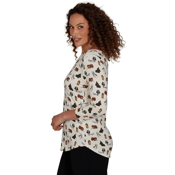 Petite Emaline Key Items 3/4 Sleeve Boat Neck All Over Dog Tee