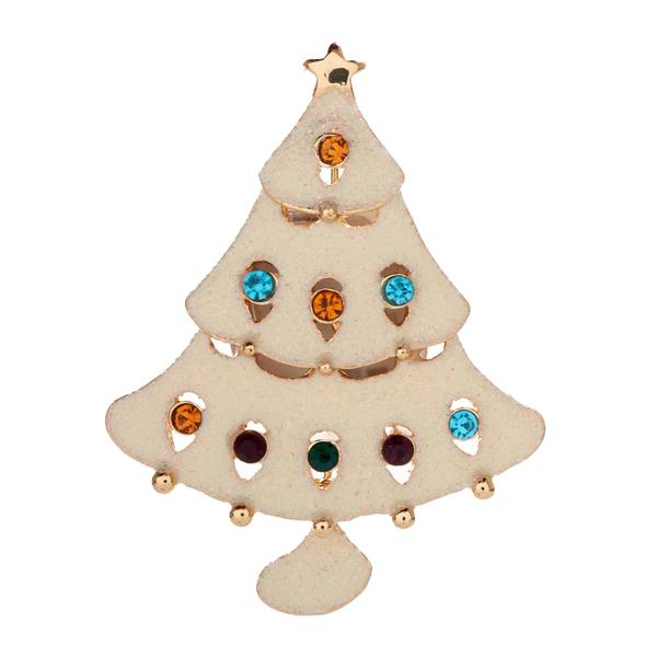 White Enamel Tree w/ Multi-Color Stones & Gold Star Pin - image 