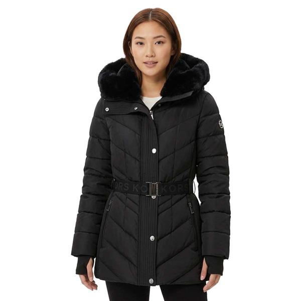 Womens Michael Kors Belted Puffer Coat with Faux Fur Collar - image 