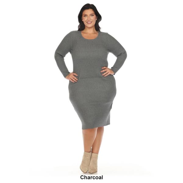 Plus Size White Mark Long Sleeve Rib Midi Sweater Dress