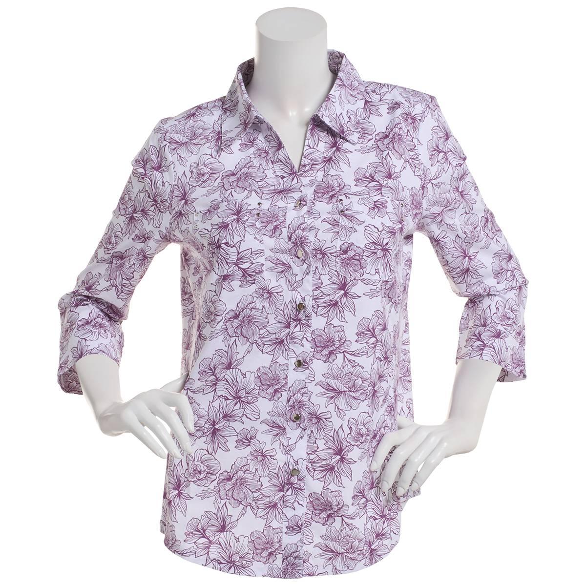 Womens Emily Daniels Knit To Fit Floral Button Front Blouse-Plum