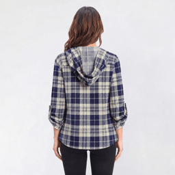 Womens New York Laundry Long Sleeve Plaid Button Placket Hoodie
