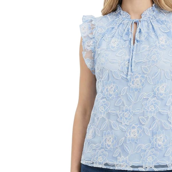 Womens NY Collection Flutter Cap Sleeve Tie Neck Floral Blouse