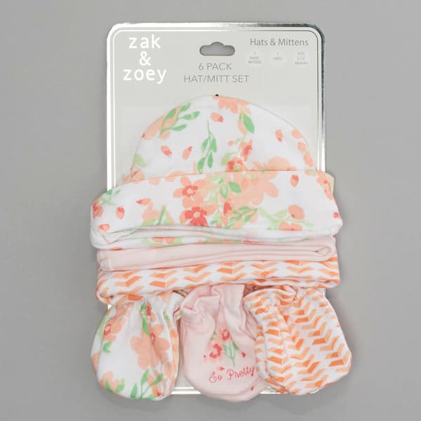 Baby Girl Zak & Zoey 6pk. Floral/Solid Hats & Mittens - image 