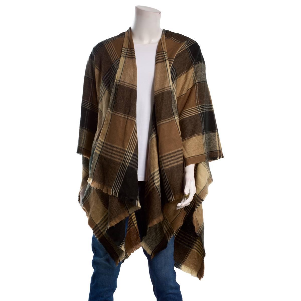 Womens Altare Plaid Ruana with Fringe