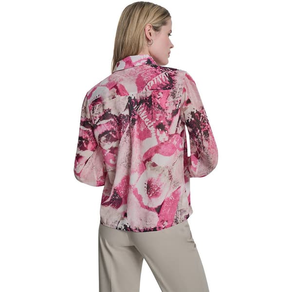 Womens DKNY Long Sleeve Ruffle Button Front Floral Blouse