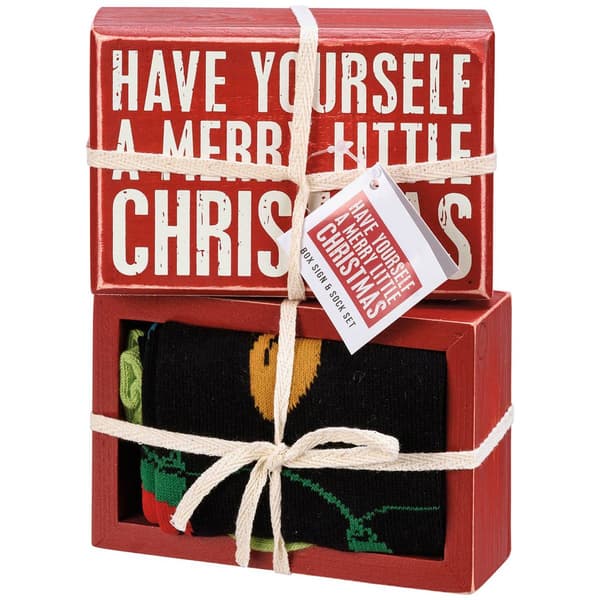Primitives By Kathy Merry Little Christmas Box Sign & Socks Set
