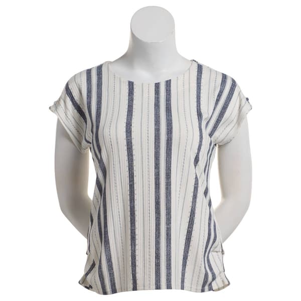 Womens Cure Extend Sleeve Rib Texture Stripe Blouse-Ivory/Navy - image 