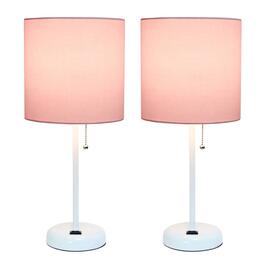 LimeLights White Stick Lamp w/Charging Outlet/Pink Shade-Set of 2