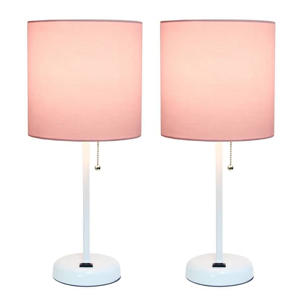 LimeLights White Stick Lamp w/Charging Outlet/Pink Shade-Set of 2