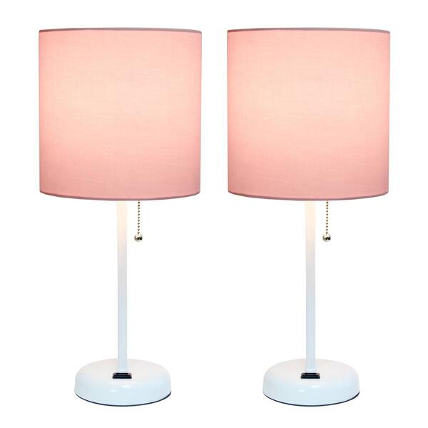 LimeLights White Stick Lamp w/Charging Outlet/Pink Shade-Set of 2 - image 