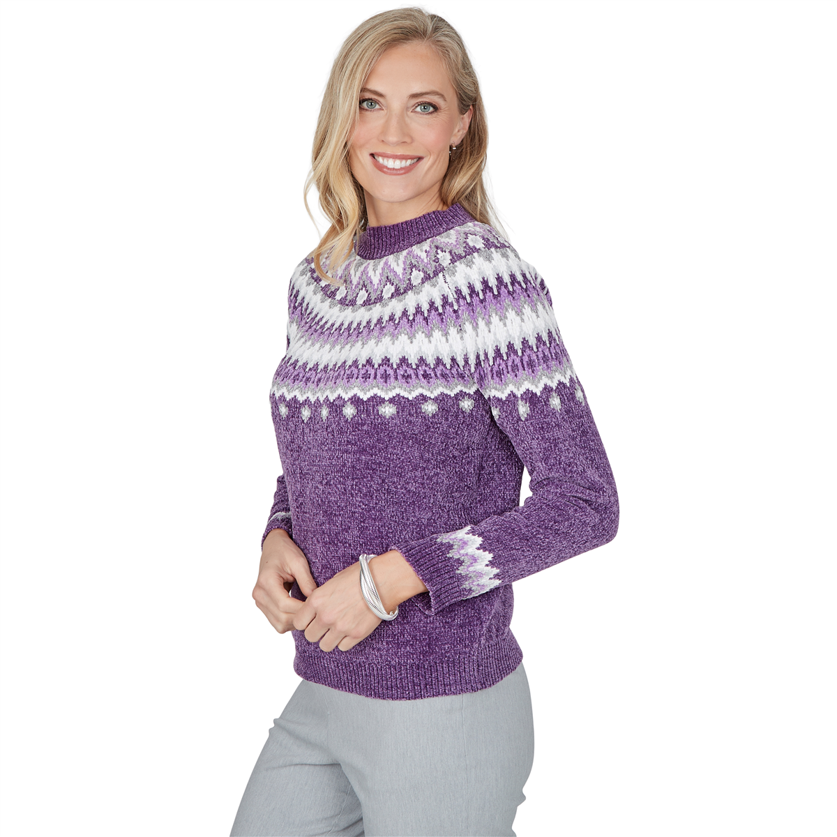 Petite Alfred Dunner Vail Amethyst Fair Isle Chenille Sweater