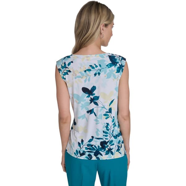 Petite Calvin Klein Cap Sleeve Drape Neck Leaf Blouse