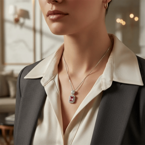 Saffron 1ctw. Pink Emerald Cut Diamond Halo Pendant Necklace