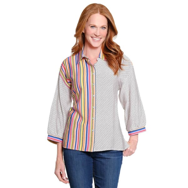 Plus Size Ali Miles 3/4 Sleeve Splice Stripe Button Front Blouse