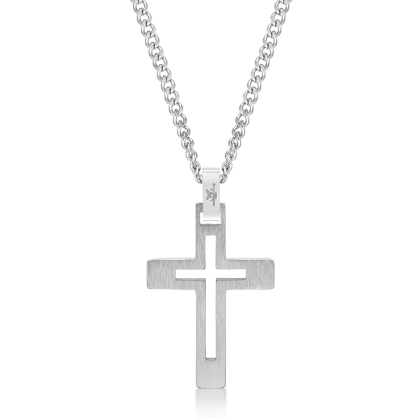 Mens Lynx Stainless Steel Carved Cross Pendant