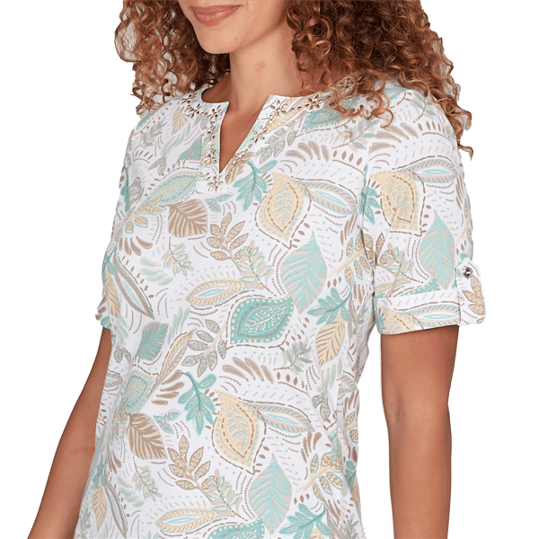 Womens Hearts of Palm Fresh Start Roll Tab Sleeve Leaf Blouse