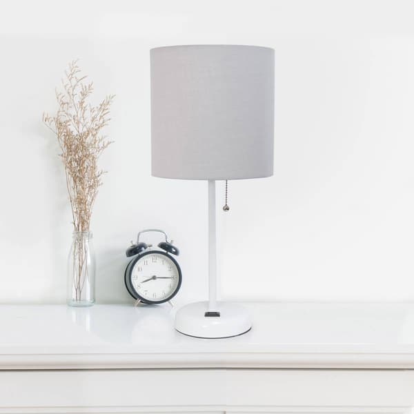 LimeLights White Stick Lamp w/Charging Outlet/Grey Shade-Set of 2
