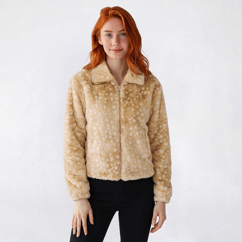 Juniors No Comment Zip Front Deer Print Textured Fur Jacket