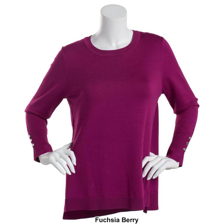Petite Retrology Crew Neck Button Sleeve Side Slit Sweater