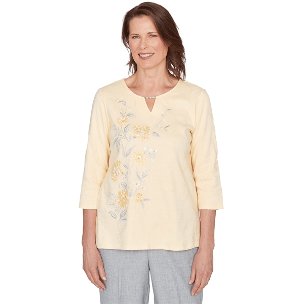 Petites Alfred Dunner Al Fresco Asymmetrical Floral Embroidered