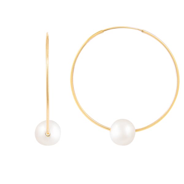 Splendid Pearls 14kt. Gold 25mm Pearl Hoop Earrings - image 