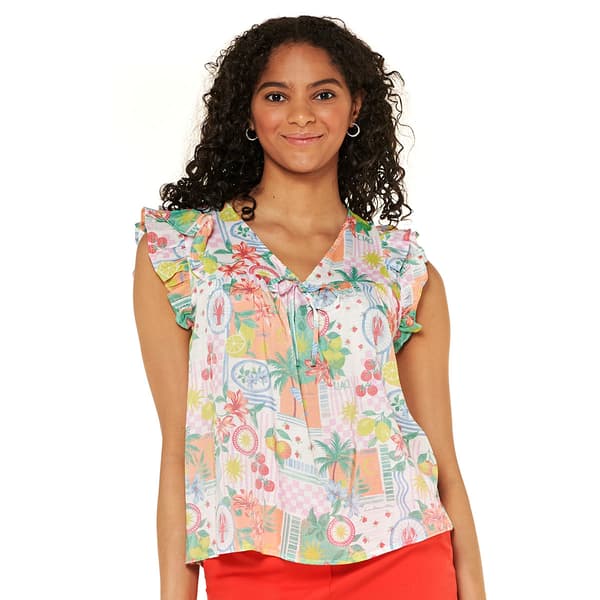 Womens Zac & Rachel Cap Flutter Sleeve Patchwork Blouse - image 