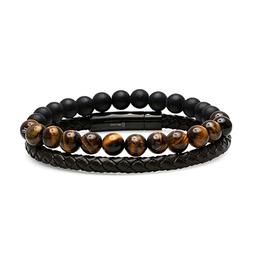 Mens Steeltime 2pc. Brown Leather & Tiger Eye Bead Bracelets