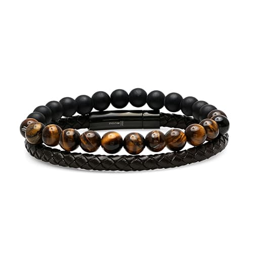 Mens Steeltime 2pc. Brown Leather & Tiger Eye Bead Bracelets - image 