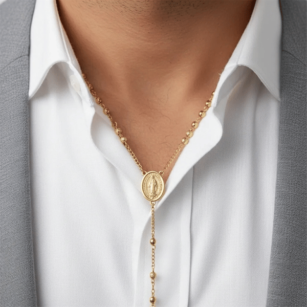 Mens Iron Saints 18kt. Gold Plated Medal & Cross Beaded Rosary
