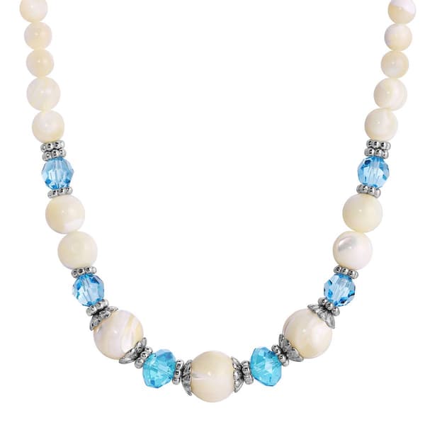 1928 Silver Tone Aqua & Mother Of Pearl Bead Necklace - image 