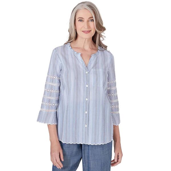 Petites Alfred Dunner Woven Pinstripe Embroidered Sleeve Top - image 