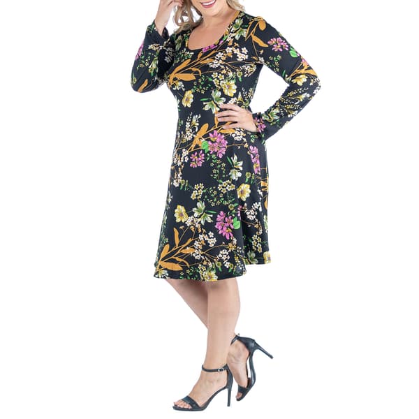 Plus Size 24/7 Comfort Apparel Floral Long Sleeve A-Line Dress