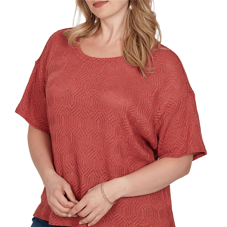 Plus Size Ruby Rd. Sedona Escape Elbow Sleeve Crochet Sweater