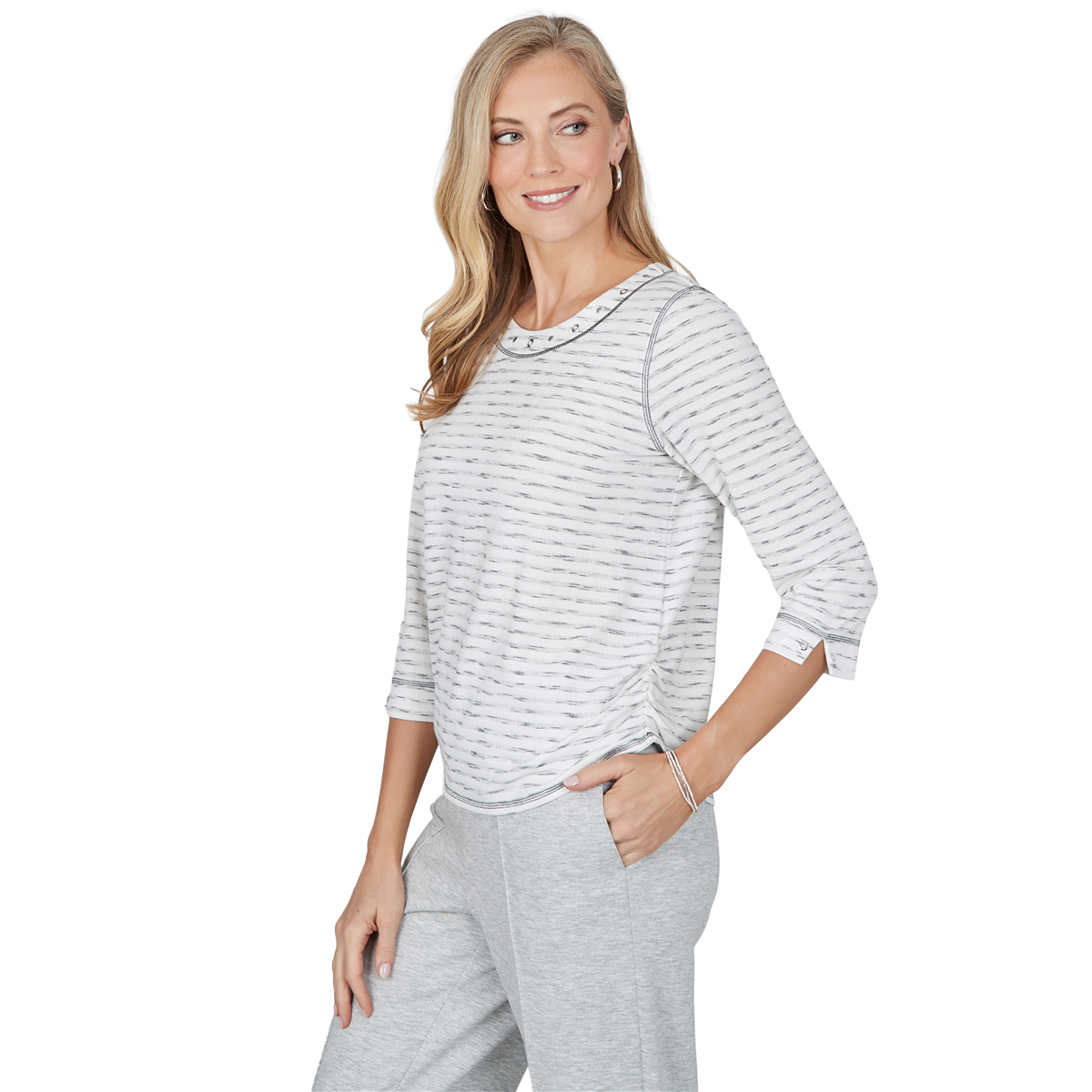 Petite Alfred Dunner Weekend Warrior 3/4 Sleeve Stripe Blouse