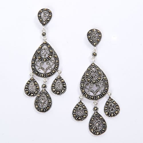 Marsala Fine Silver Plated Marcasite Dangle Post Earrings - image 